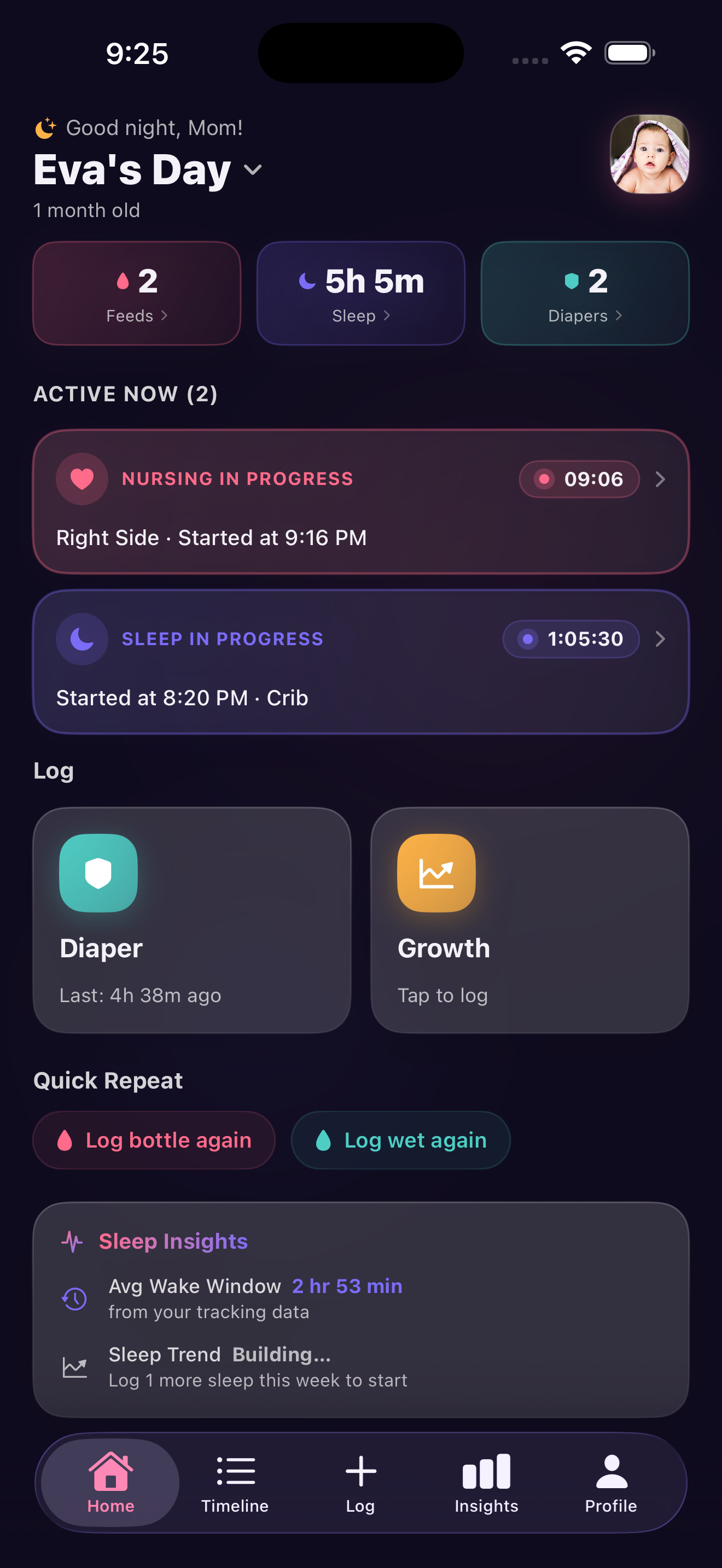 CuddleDiary home dashboard showing Eva's day