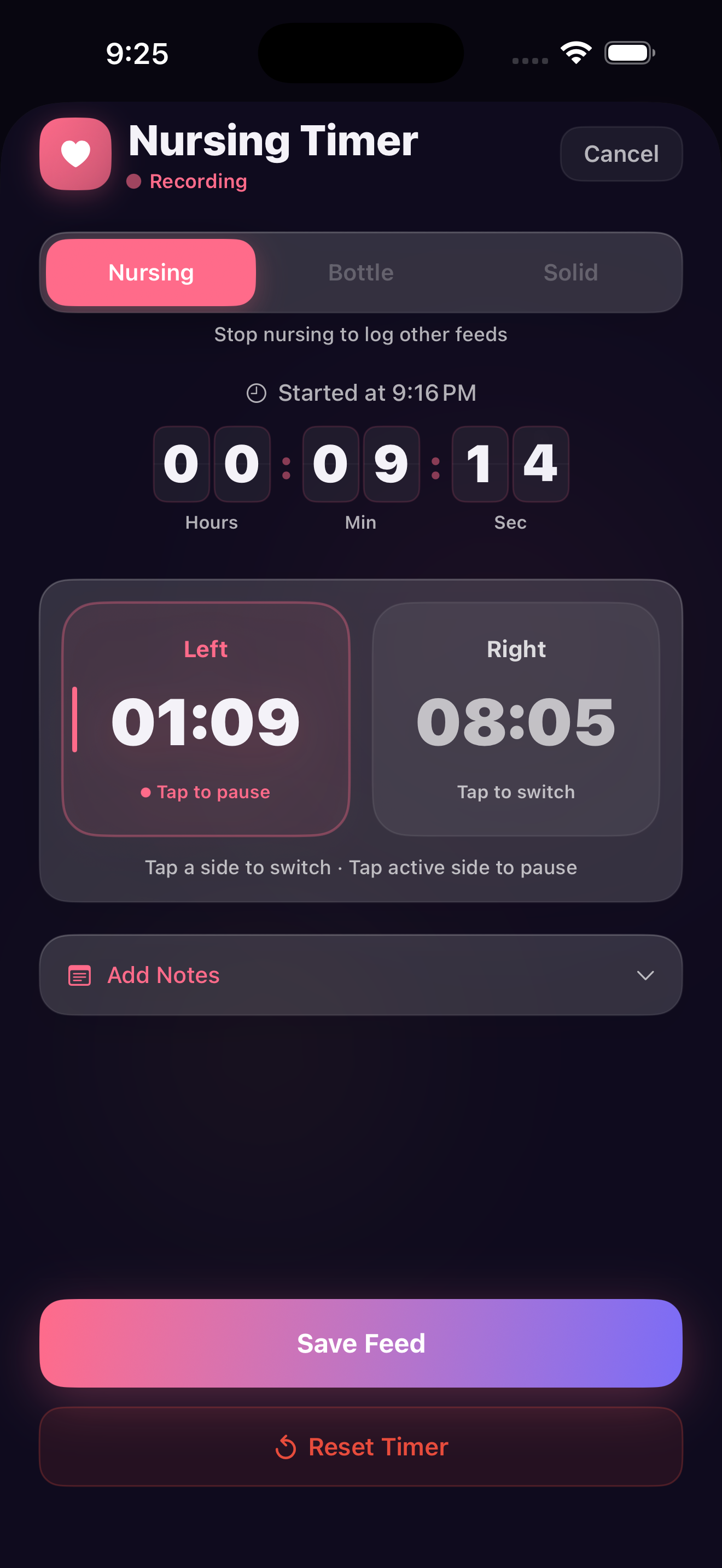 Nursing logging screen with left and right timers