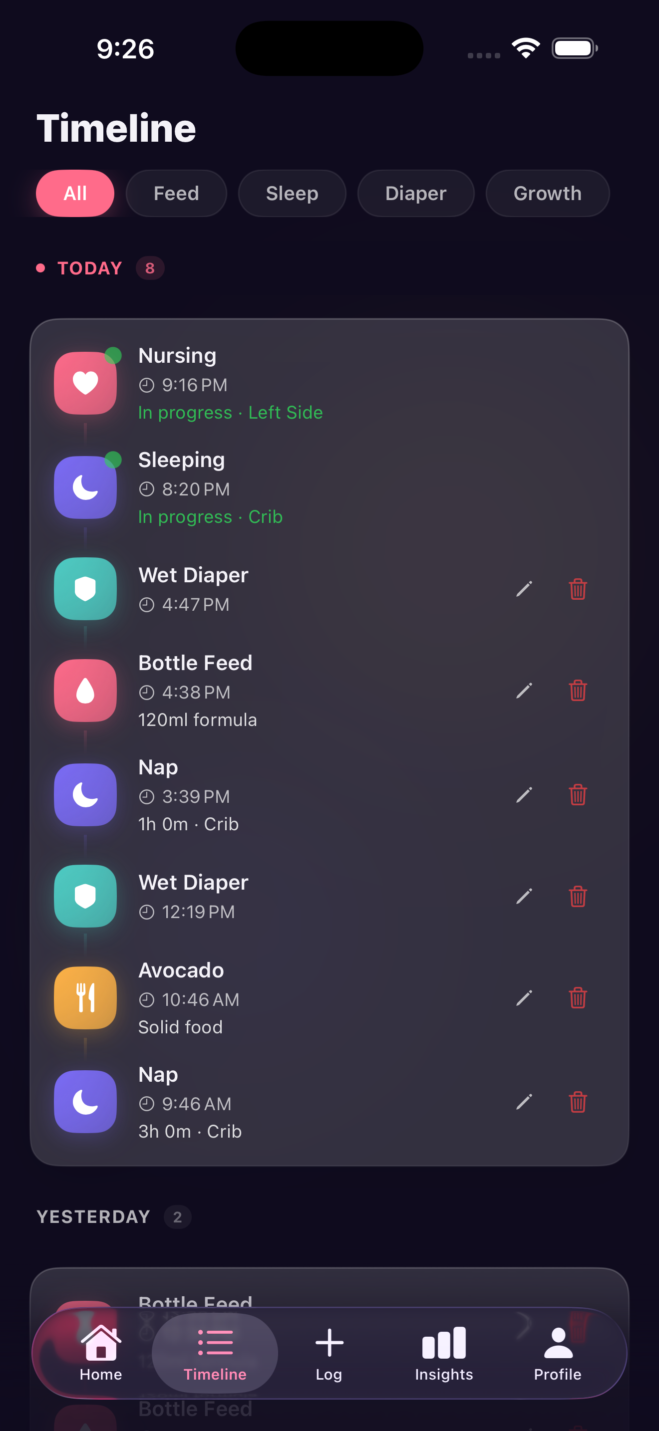 Activity timeline screen